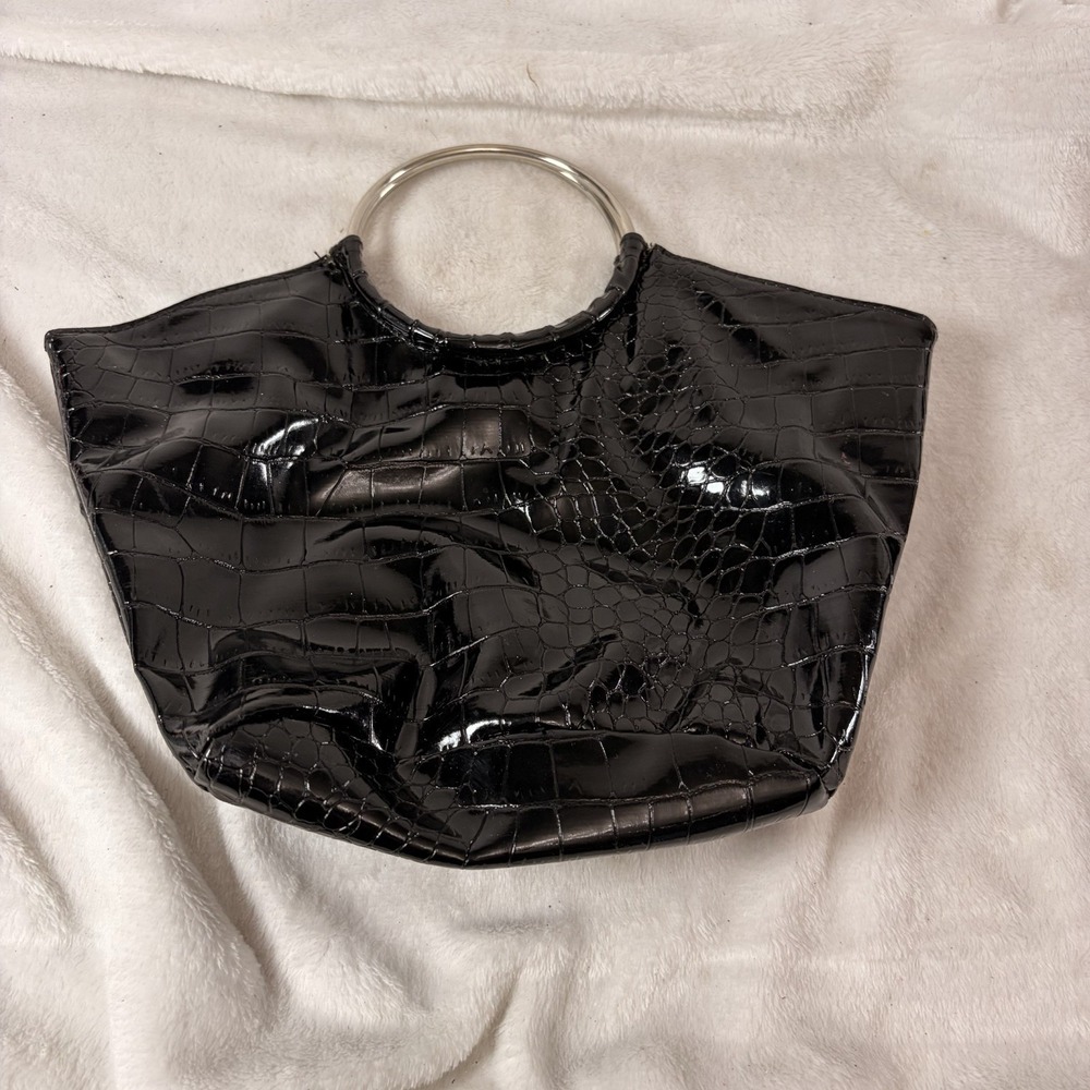 Vintage Y2K Black Croc-Embossed Patent‎ Tote Bag Silver Metal Ring Handles EUC